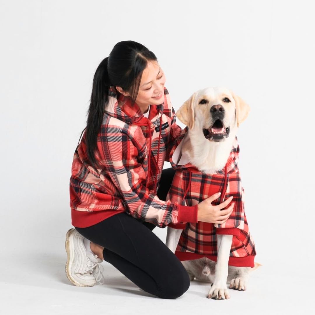 Spark Paws Dog Hoodie – Premium Dog Sweater for Small, Medium, and Large Dogs | Warm Outfits for French Bulldogs, Pitbull, Puppy, Winter Jacket Alternative - Red Plaid, 2XL
