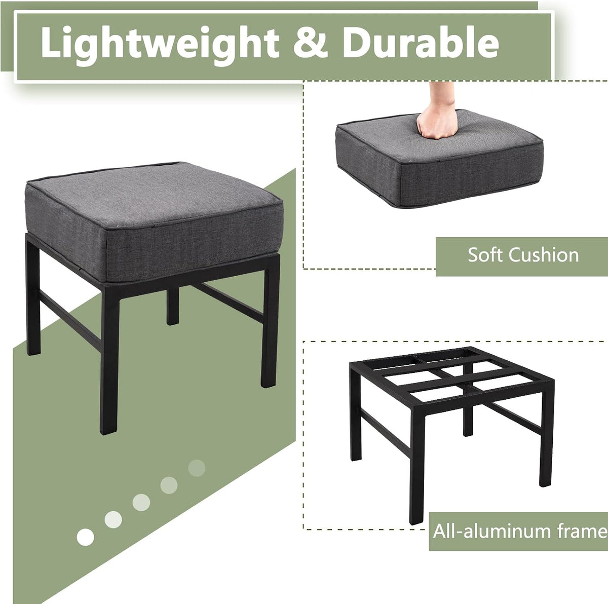2 Pieces Outdoor Ottomans for Patio, Assembled Aluminum Outdoor Ottoman with Gray Cushions, Aluminum Small Outdoor Foot Stools for Patio Porch Yard Garden Deck, Black Frame