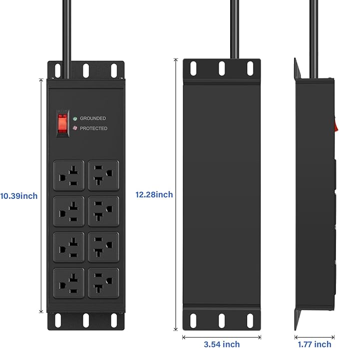 CCCEI 2PCS Heavy Duty Power Strip Surge Protector 20 AMP, 8 Outlets 12 Gauge Shop Garage Metal Multiple Outlets, 10 FT Extension Cord 5-15P Adapter High Amp 6-20R T-Slot 20a for Appliance Black.