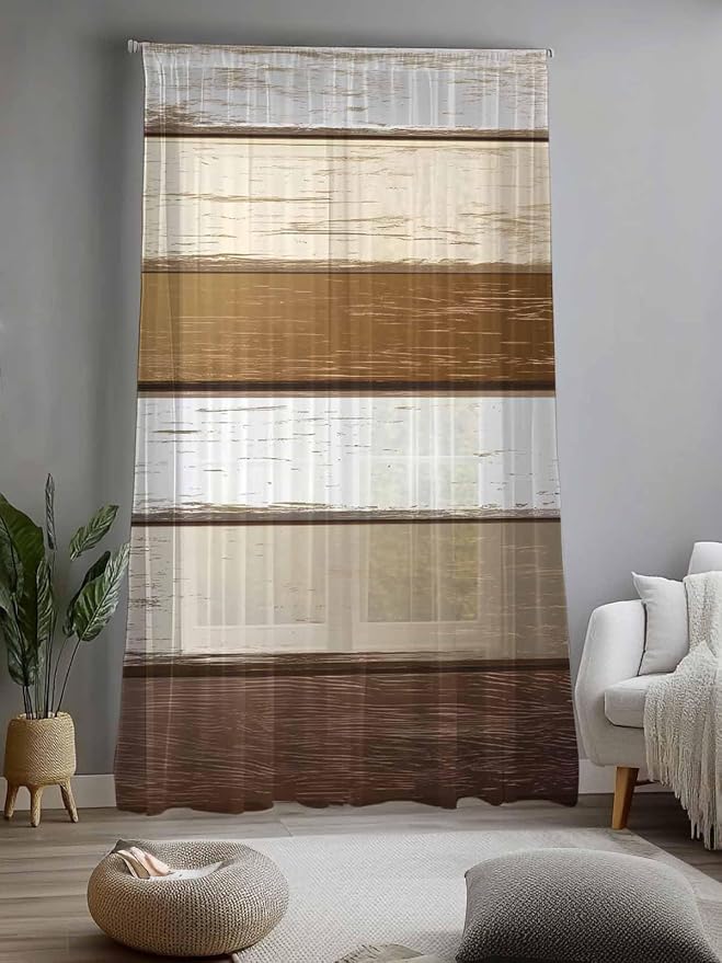 Sheer Curtains 108 Inches Long, Vintage Geometric Brown Semi Sheer Curtains