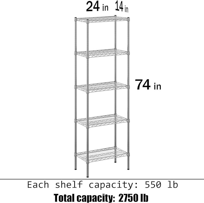 14" Deep x 24" Wide x 74" Height Wire Shelving Kit | 5-Tier | NSF Commercial Storage Rack Unit