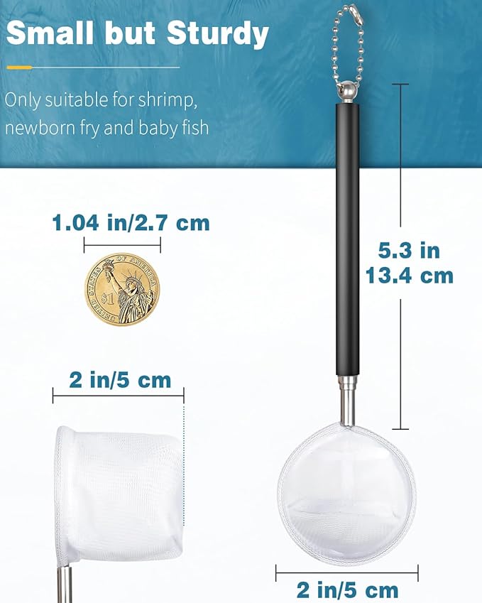 Pawfly Aquarium Shrimp Net, 2 Inch Tiny Fish Tank Net with Extendable Stainless Steel Handle, Soft Round Fine Mesh for Shrimp Baby Fish Food Residue Debris Skimming