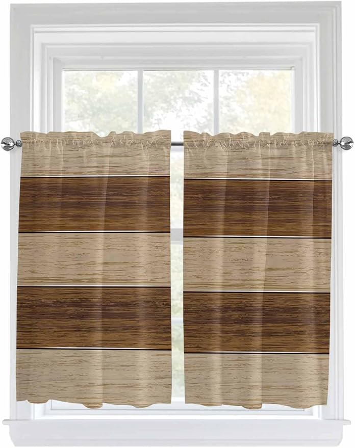 Retro Country Brown Wooden Board Window Valance Curtains, Farmhouse Gradient