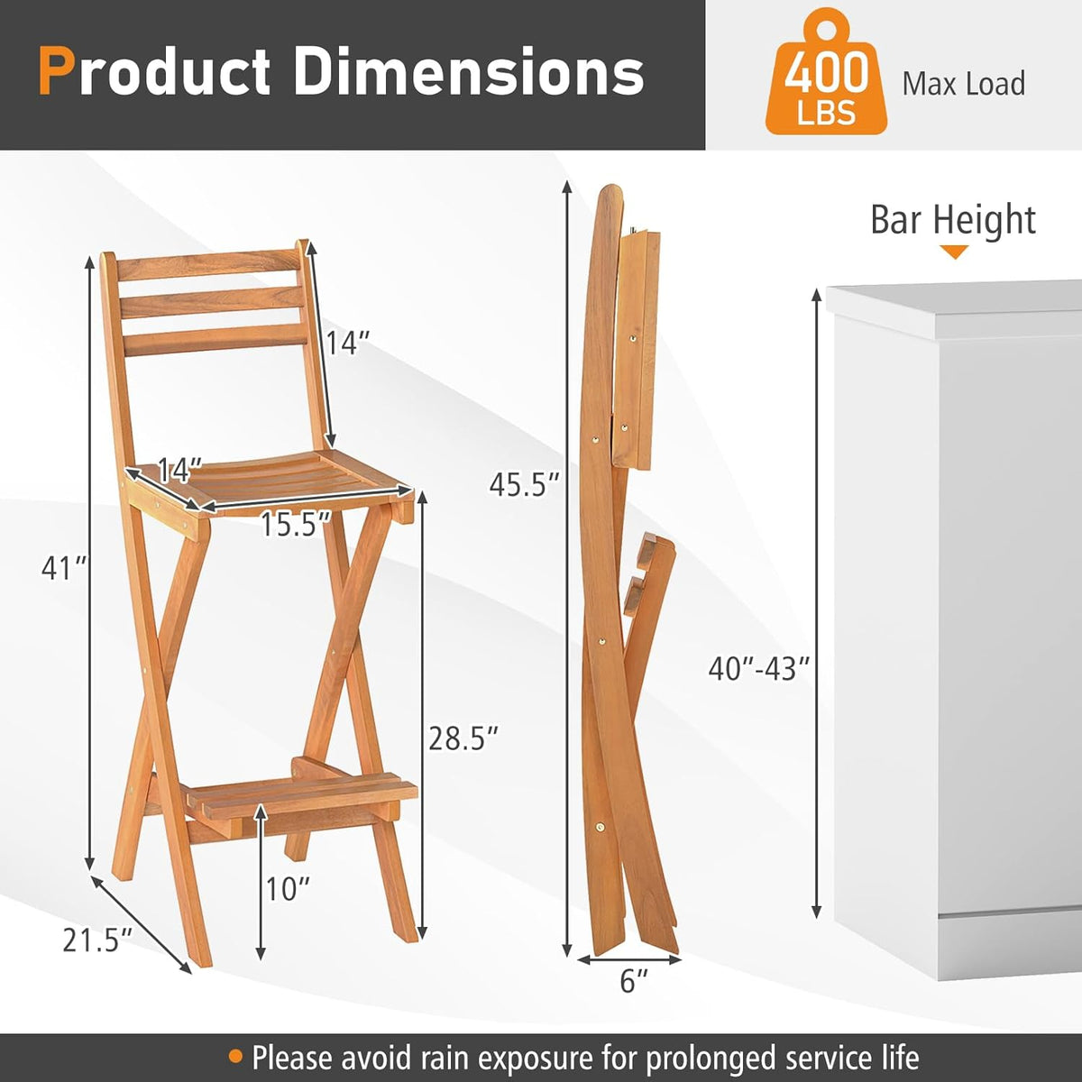 Tangkula Patio Folding Barstool Set of 2, Outdoor Portable High Top Acacia Wood Bar Height Chair with Backrest & Footrest,for Backyard, Garden, Front Porch