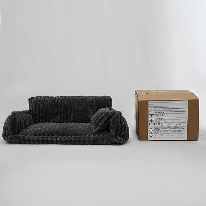 Pet Couch Bed for Dog and Cat, Plush Calming Couch for Pets with Removable Washable Cover, Modern Sofa Style Pet Bed for Home Living Room (Dark Gray)