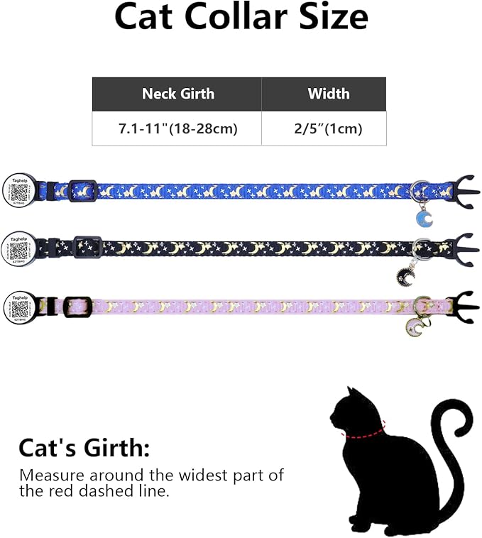 The Ultimate QR Code Pet ID Collar 4-Pack | Breakaway Adjustable Cat Collars with Secure Online Profile | Never Lose Your Cat with Cute Moon & Stars Design (Star & Moons - 4 Pack)