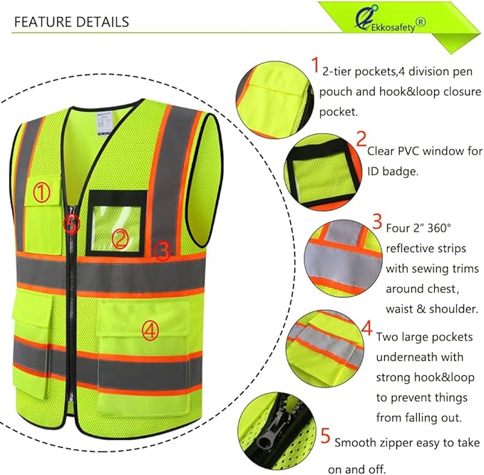 Reflective Mesh Safety Vest for Men Women with 8 Pockets and Zipper Front High Visibility Mesh Vest Hi Vis Construction Work Vest,Meets ANSI/ISEA Standards(EKH1-Yellow-M)