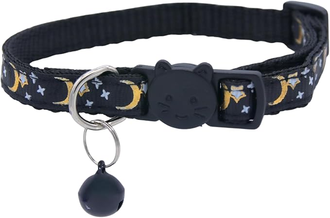 Set of 2: KioKatt Celestial Nylon Cat Collars with Matching Bells – Adjustable Breakaway Safety Collars for Adult Cats, 7–11" (Black + Red)