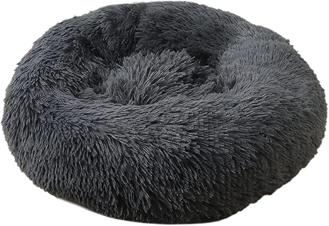 Calming Faux Fur Dog Beds Calming Donut Cuddler Dog Bed Washable Round Cat Bed Pillow Cuddler Fluffy Indoor Dog Calming Beds with Anti Slip Bottom Solid Color Dark Grey 27 Inch