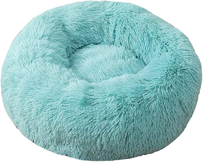 Calming Faux Fur Dog Beds Calming Donut Cuddler Dog Bed Washable Round Cat Bed Pillow Cuddler Fluffy Indoor Dog Calming Beds with Anti Slip Bottom Solid Color Lake Blue 20 Inch