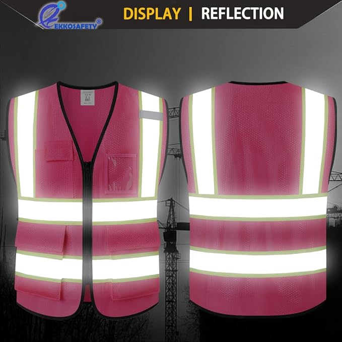 Safety Vest for Men Women,Mesh High Visibility Construction Work Vest with Reflective Strips,Meets ANSI/ISEA Standards(EK175-Mesh-Hot Pink-XL)