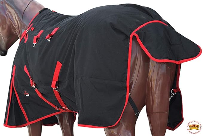 HILASON Black with Red Trims 74 Inch 1200D Winter Waterproof Poly Horse Turnout Blanket Belly Wrap