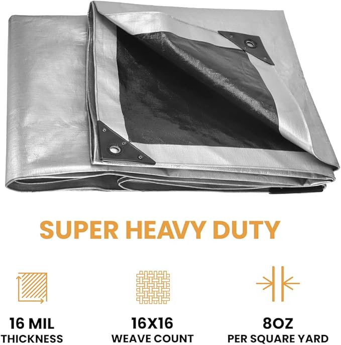 WHITEDUCK Super Heavy Duty Poly Tarp Cover 16 Mil & 10 Mil with Grommets and Reinforced Edges (Brown, White & Silver Black) (Silver Black- 16 Mil, 12' x 25')