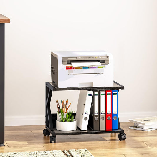 aboxoo Desktop Printer Stand with 2 Tier Wood Storage Shelves,Under Desk Printer Table,Multi-Purpose Home Office Desk Organizer for Fax Machine, Scanner (Black)