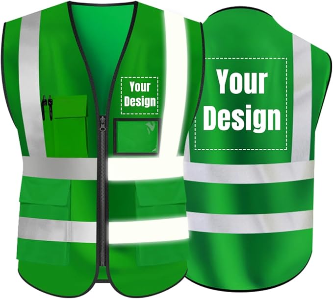 YOWESHOP High Visibility Safety Vest Custom Your Logo Protective Workwear 5 Pockets With Reflective Strips Outdoor Work Vest (Green (4XL))