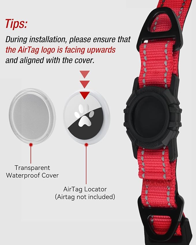 Joytale Airtag Dog Collar, Reflective Pet Collar with Waterproof AirTag Holder, Dual D-Rings, Soft Padded Adjustable for Extra Small and Puppy Dogs, Red, XS