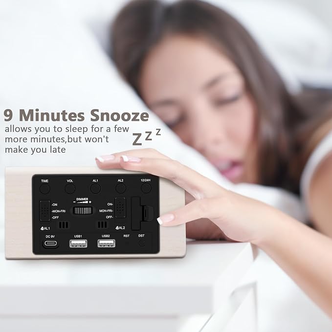 Kogonee Wooden Digital Alarm Clock, 0-100% Dimmer, 2 Alarm Settings,
