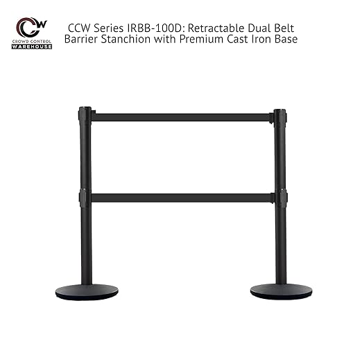 Crowd Control Warehouse CCW Set of 2 Dual Retractable Belt Barrier Stanchion, Cast Iron Base Black Post, IRBB-100D (7.5 Belt, Light Green Belt)