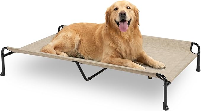 Veehoo Outdoor Dog Bed, 53" XXL Raised Dog Bed, Elevated Dog Bed with Headrest Sides, Washable Cooling Dog Cot with Non-Skid Feet, Breathable Mesh, Portable Pet Hammock for Indoor or Camping, Beige