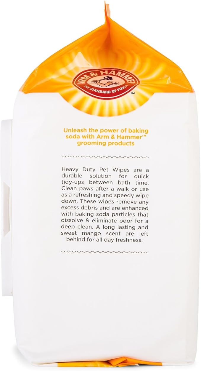 Arm & Hammer for Pets Heavy Duty Multipurpose Dog Wipes, Paw and Butt Wipes for Dogs to Help Clean Deodorize and Freshen Coat and Skin Between Baths, Mango Scent, 100 Count - 6 Pack