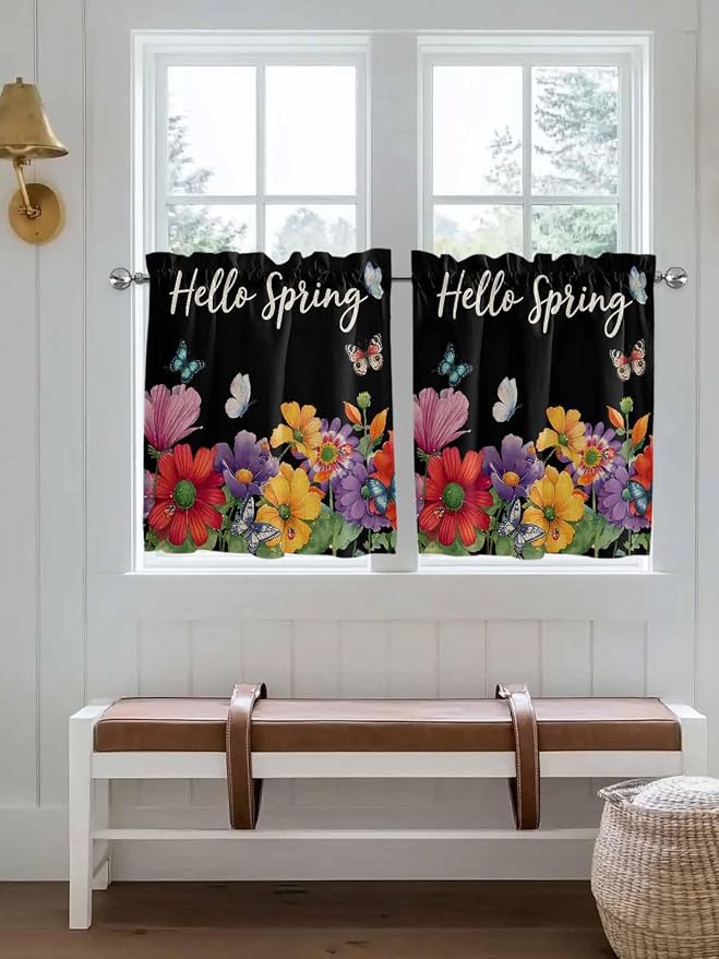 Spring Flowers Half Window Curtains 24 Inches Long, Watercolor Country Colorful