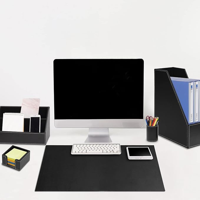 6 Piece Office Supplies/Desk Organizer Set with Desktop Leather Writing Pad,File Paper Tray,Magazine folder Holder, Pen Cup,Sticky Note Holder,Letter Mail Sorter,Workspace Decor for Women Men Black