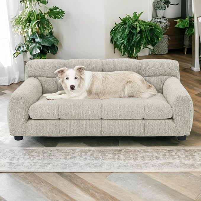 Human Dog Bed with Armrests & Backrest, Cave Dog Bed for Large Dogs, Comfortable Linen Upholstery, Short Sofa Legs for Easy Access, Durable, Stylish Camas para Perros, 38"x14.5"x22" (Beige)