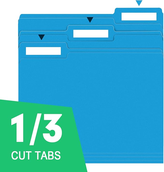 File Folder, RAZCC 150 Pack 1/3 Cut Tab File Folders Letter Size, Blue, Colored Folders with Tab Great for Organizing and Easy File Storage