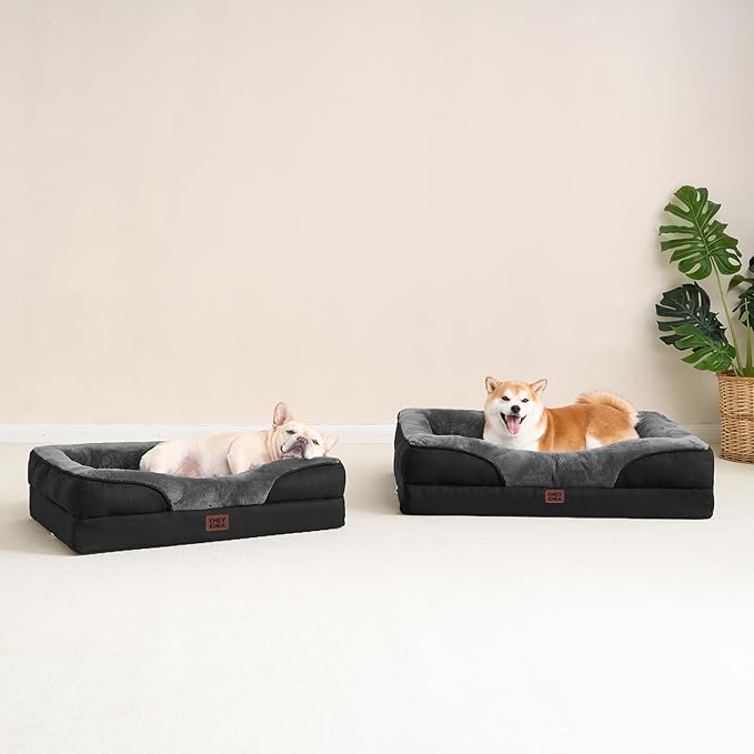 EHEYCIGA Orthopedic Dog Bed for Medium Dog, 35x22x6.5 Inch Memory Foam Dog Couch Bed with Sides, Waterproof Liner & Washable Removable Cover, Bolster Pet Sofa, Grey/Black