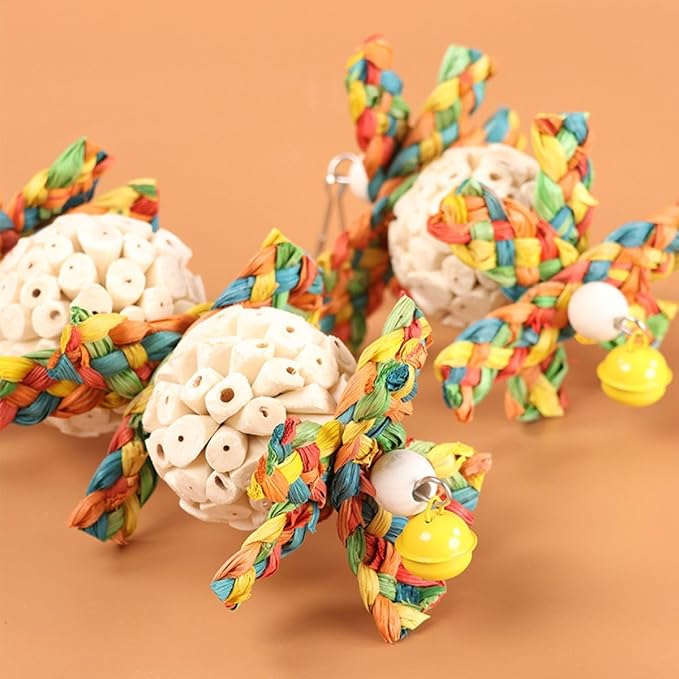 Bird Toys Hanging Natural Soft Sola Ball Natural Corn Husk Beak Chew Shred Colorful Forage Toys for Parrots, Cockatiel, Conure, Love Birds,Parakeets,Budgie and Other Small Birds (L)