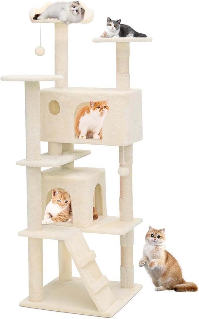 Athena Collection Cat Tree - 62"Multilevel Cat Scratching Post & Condo, Dangling Ball Activity Center for Indoor Cats, Beige