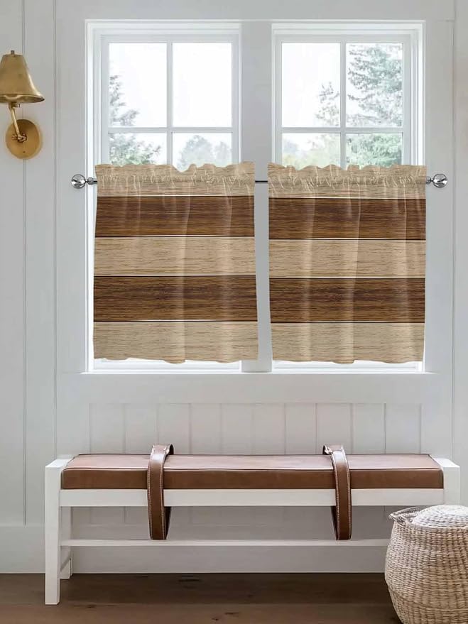 Retro Country Brown Wooden Board Window Valance Curtains, Farmhouse Gradient