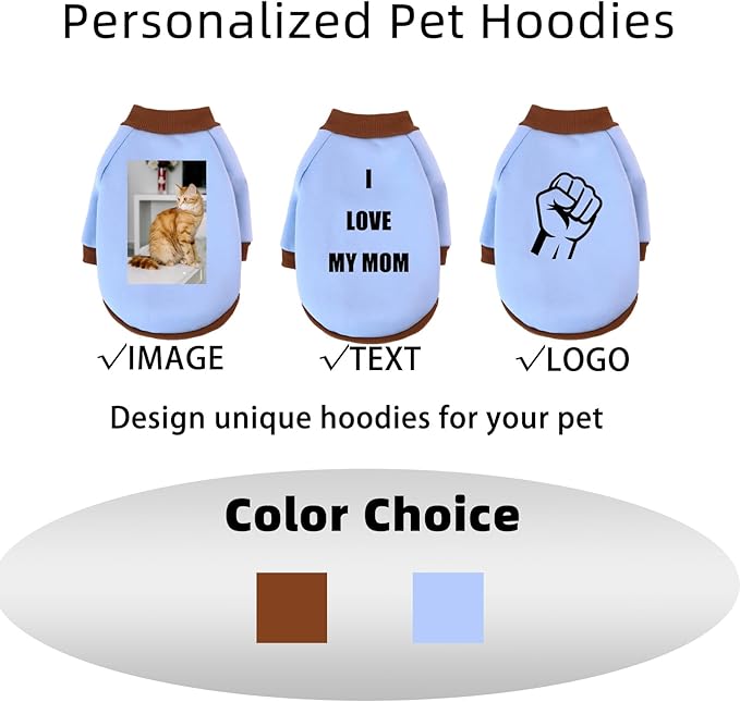 Custom Dog Hoodie, Personalized Sweatshirt with Photo Text Name Logo, Customized Hooded Sweater for Small Medium Large Dogs & Cats (Blue + Brown Border, X-Large)
