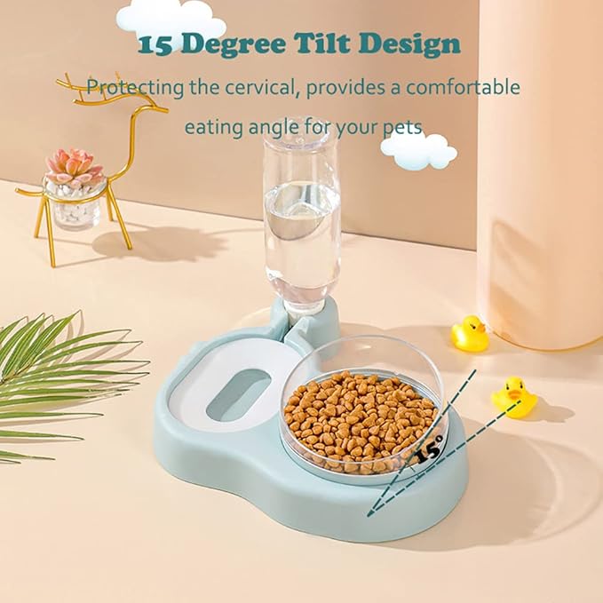 Love Dream 2-in-1 Dog Cat Bowls, 15°Tilted Raised Water and Food Bowl Set with Automatic Water Dispenser Bottle and Detachable Cat Dish, Pet Feeder for Small or Medium Dogs Cats Puppy Kitten Rabbit