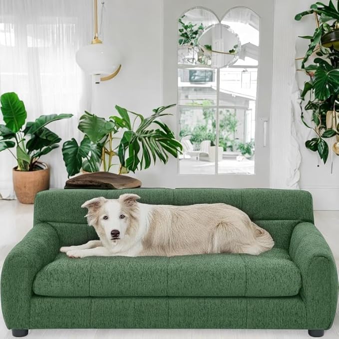 Human Dog Bed with Armrests & Backrest, Cave Dog Bed for Large Dogs, Comfortable Linen Upholstery, Short Sofa Legs for Easy Access, Durable, Stylish Camas para Perros, 38"x14.5"x22" (Green)
