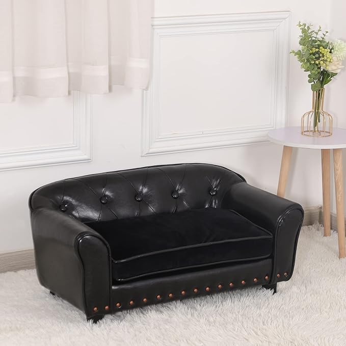 Dog Couch,Puppy Bed,Cat Sofa,Cat Couch,Pet Sofa,Dog Chair,Small Pet Bed with Copper Nail and Wooden Frame, Leather Fabric and Cushion,for Small Animals Using (Black)