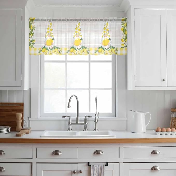 Lemon Dwarfs Sheer Valance Curtains, Gnome Green Leaf Wood Striped Yellow Plaid