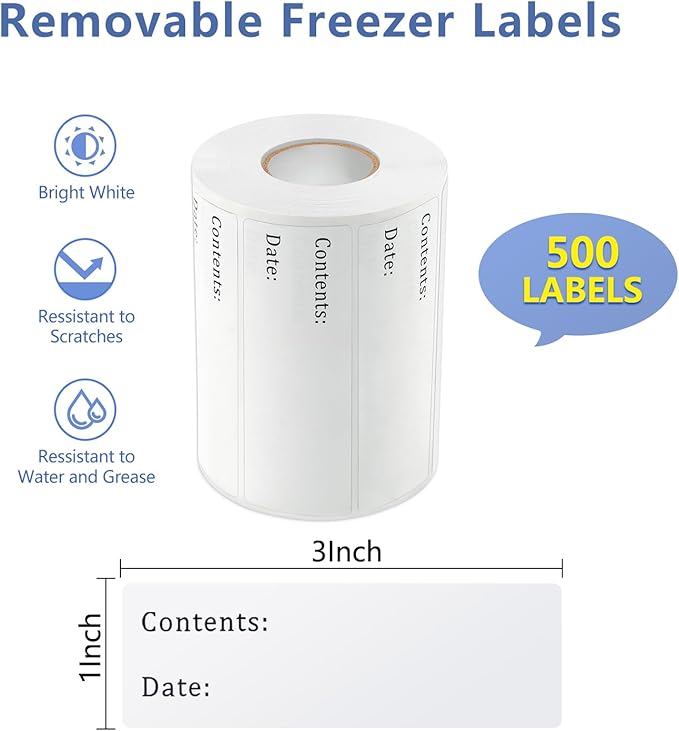 500pcs Removable Freezer Labels, Yoget 1 x 3 Inch Food Storage Stickers, Refrigerator Freezer Paper Label Easy Clean Leaves No Residue (1''x3'' 500Labels)