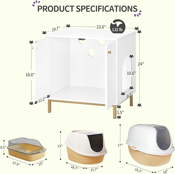 Cat Litter Box Enclosure, Hidden Litter Box Furniture Cabinet, Wooden Indoor Cat House, Side End Table, Living Room, Bedroom, White and Gold CB81203G