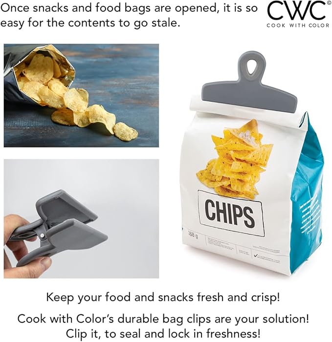 COOK WITH COLOR Bag Clips - Heavy Duty Chip Clip and Refrigerator Magnet Clips for Food Storage with Air Tight Seal Grip, Grey, Pack of 4 Large Clips