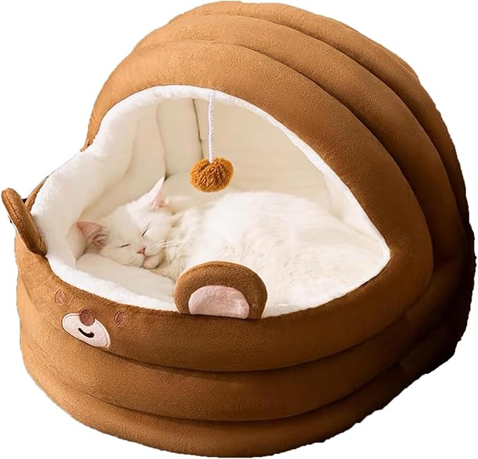 Cat Bed for Indoor Cats, Dog Bed with Anti-Slip Bottom, Rabbit-Shaped Cat/Small Dog Cave with Hanging Toy, Puppy Beds with Removable Cotton Pad, Super Soft Calming Pet Sofa Bed (Brown, Medium)