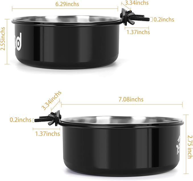 2 Pcs Large Pet Dog Food and Water Bowl Set for Cage, Stainless Steel Non-Spill Kennel Hanging Cats Pets Bowls Crate Feeder Dish with Clamp Holder for Medium Large Dogs Pets (6.3x2.3'' & 7.1x2.5'')