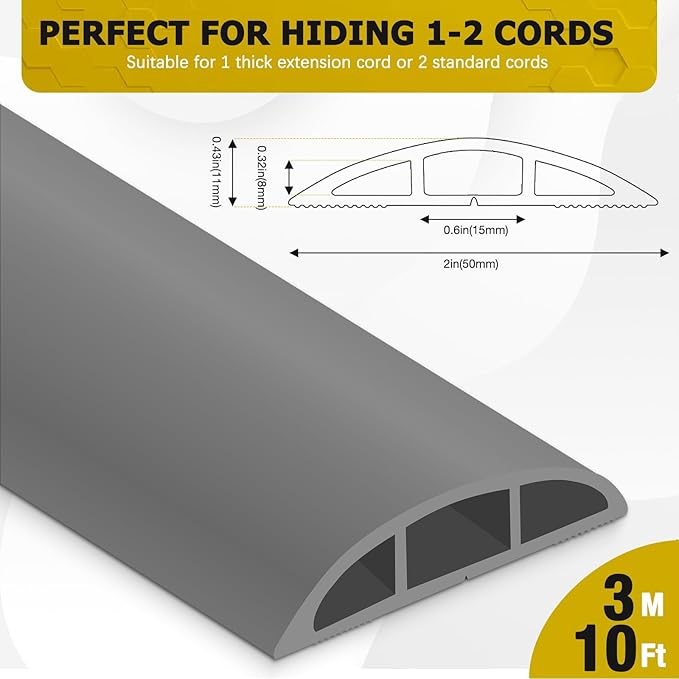 Floor Cord Cover 10FT Cord Covers for Wires on Floor Protect Wires & Prevent Trip Hazards, Easy to Cut for Home, Office, School, Concerts, Cavity W0.6in x H0.32in