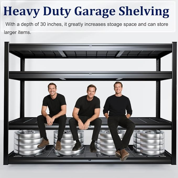 72" W Storage Shelves Heavy Duty Garage Shelving 30" D Metal Shelving Unit, 4 Tier Adjustable Shelves, 3500LBS Steel Industrial Shelving for Basement Warehouse Commercial, 72" W*30" D*72”H