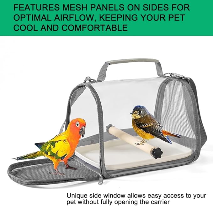 Portable Small Pet Carrier Bag – Travel Bird Cage for Parrots, Parakeets, Cockatiels, Hamsters, Lizard and Vet Visit with Shoulder Straps & Side Access (Includes tray and stand, Gray, 10.2*7.5*7.6in)