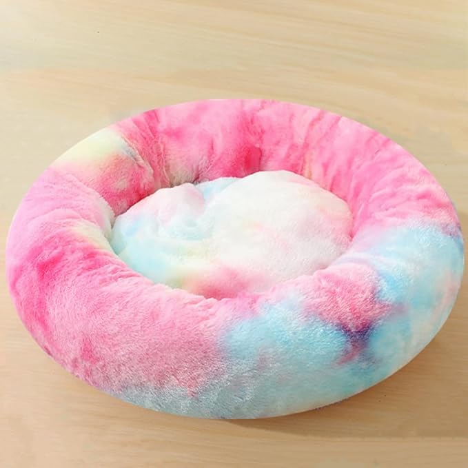 Calming Large Dog Bed Cat Bed, 47 Inch Donut Fluffy Anti-Anxiety Round Bed Washable Cute Bed, Cuddler Warming Cozy Soft Bed, Plush Cushion Bed for Small Medium Dogs and Cats (Rainbow)
