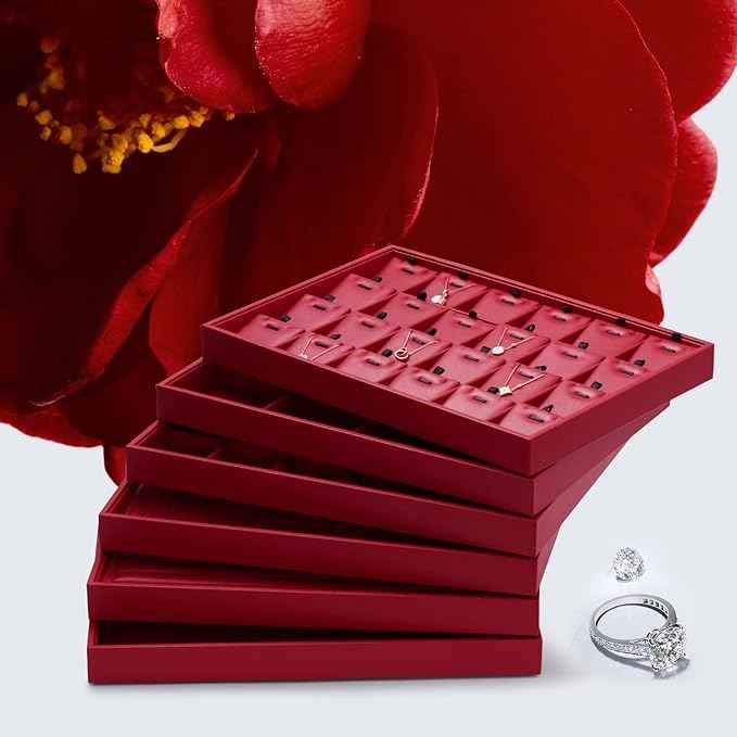 Oirlv Gorgeous Red Leather Ring Organizer Tray Jewelry Display Tray Stackable