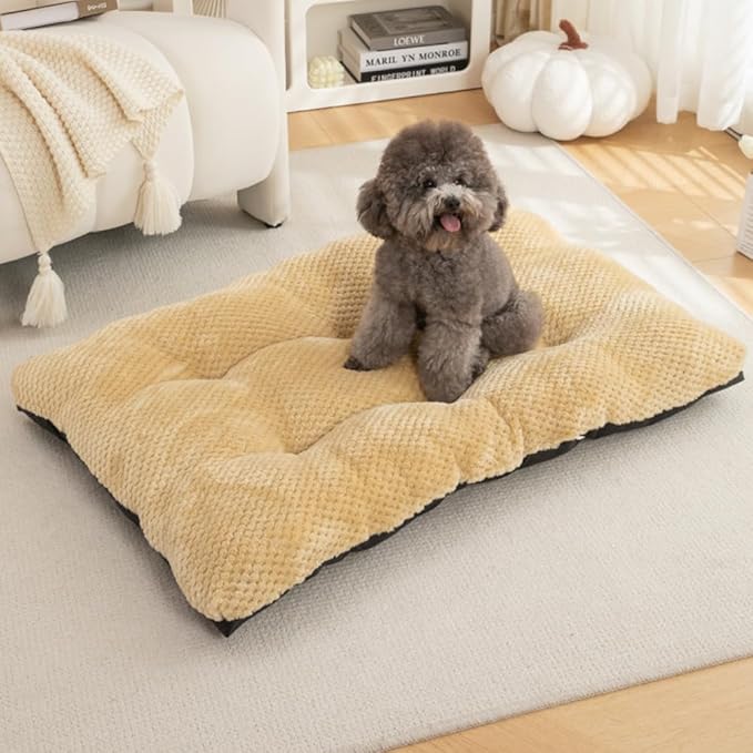 Washable Dog Bed for Large Breeds, Extra Cushioned Crate Mattress with Removable Fluffy Cover, Non-Slip Orthopedic Pet Pad, Machine Washable Kennel Mat(Khaki,XL)