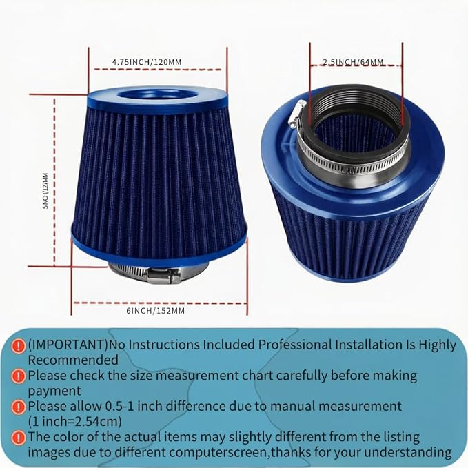 Universal Clamp-On Air Intake Filter, High Performance, Washable Filter