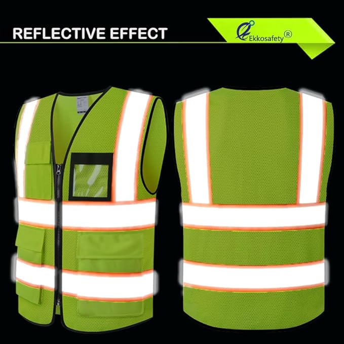 Reflective Mesh Safety Vest for Men Women with 8 Pockets and Zipper Front High Visibility Mesh Vest Hi Vis Construction Work Vest,Meets ANSI/ISEA Standards(EKH1-Yellow-2XL)